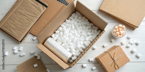 Open cardboard box filled with white foam peanuts and a bubble-wrapped item, surrounded by packaging supplies and gift boxes.