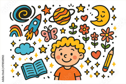 Cosmic Children's Imagination. Colorful Hand-drawn doodle Children illustration Cosmic Thoughts black hole, planets, rocket, rainbow, moon, sun, stars,
