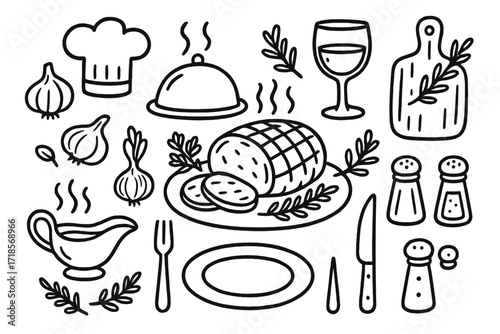 Gourmet Roast Doodle. Hand-drawn doodle illustration Gourmet roast roast beef, herbs, onion, garlic, serving tray, plate, fork, knife, gravy boat, wine glass,