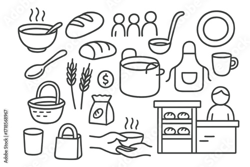 Soup Kitchen Doodles. Hand-drawn doodle illustration Soup kitchen line [soup bowl, spoon, bread loaf, people waiting, pot, ladle, plate, basket, wheat stalk,