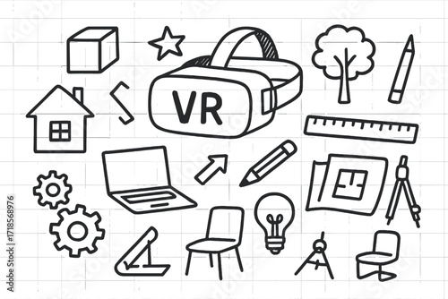 VR Architecture Doodle. Hand-drawn doodle illustration immersive architecture VR headset, house, cube, tree, ruler, pencil, gears, laptop, blueprint, light