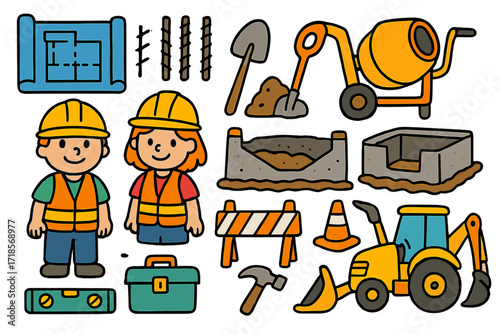 Construction Fun Doodles. Colorful Hand-drawn doodle Children illustration Foundation crew blueprints, rebar, cement mixer, shovel, dirt mound, worker hat,