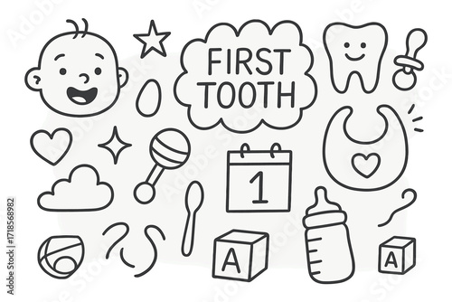 Baby's First Tooth. Hand-drawn doodle illustration Baby milestone first tooth [baby face, tooth, pacifier, rattle, bib, bottle, heart, star, toy block,
