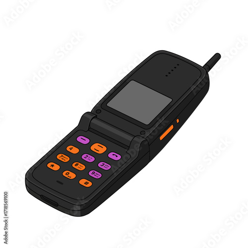 Retro flip phone, black casing, orange and purple buttons, antenna, communication device.