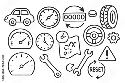 Odometer Reset Doodle. Hand-drawn doodle illustration [Odometer reset concept] [car, dashboard, odometer, speedometer, button, arrow, tire, steering wheel,