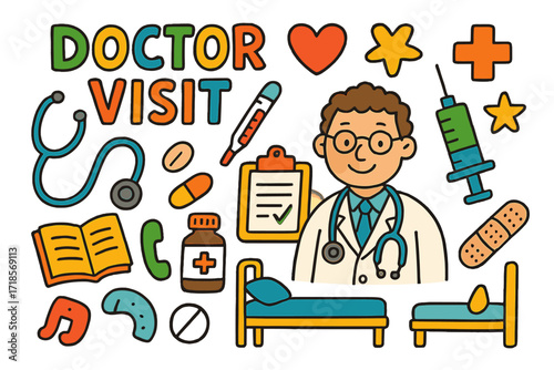 Colorful Children's Medical Doodles. Colorful Hand-drawn doodle Children illustration doctor visit stethoscope, thermometer, doctor coat, smiling face,