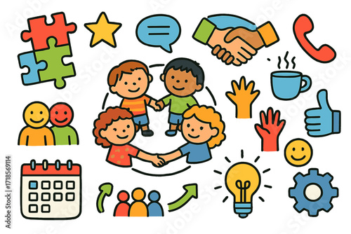 Collaborative Doodle Icons. Colorful Hand-drawn doodle Children illustration Team Collaboration team circle, puzzle pieces, star, chat icon, handshake,