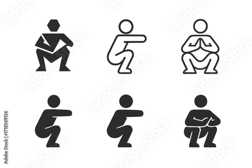 Dynamic Squat Logos. Mobility exercises. Set Logo of Mobility exercises: deep squat. harmonious logo variations of the same emblematic concept, each with