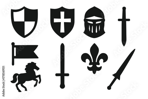 Medieval Heraldry Icons. Solid, filled icon set of medieval heraldry: coat of arms, shield with cross, helmet, banner, sword, fleur-de-lis, horse, lance.
