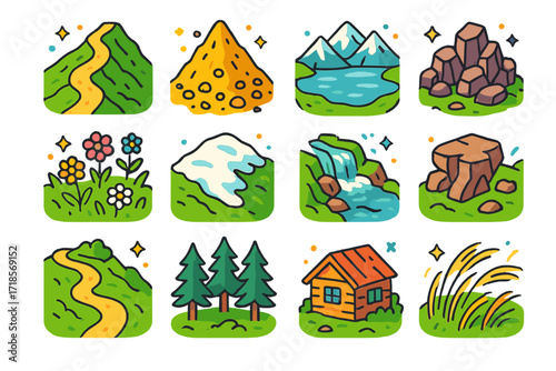 Alpine Landscape Icons. Colorful isometric vector icons set of Alpine landscapes and features: high ridge path, scree slope, glacial lake, rocky outcrop,