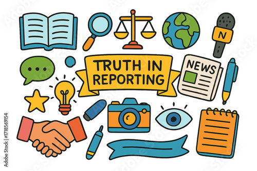 Childlike Media Symbols. Colorful Hand-drawn doodle Children illustration Truth in reporting [open book, magnifying glass, microphone, newspaper, globe,