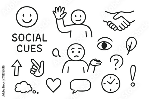 Social Cues Doodle. Hand-drawn doodle illustration [Social cues] [smile, wave, handshake, eyebrow raise, eye glance, hand gesture, shoulder shrug, small arrow,