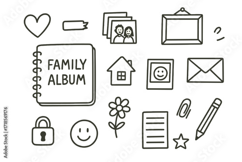 Family Album Doodles. Hand-drawn doodle illustration Family Album [album cover, stacked photos, picture frame, tape, heart, house, flower, polaroid, smiling