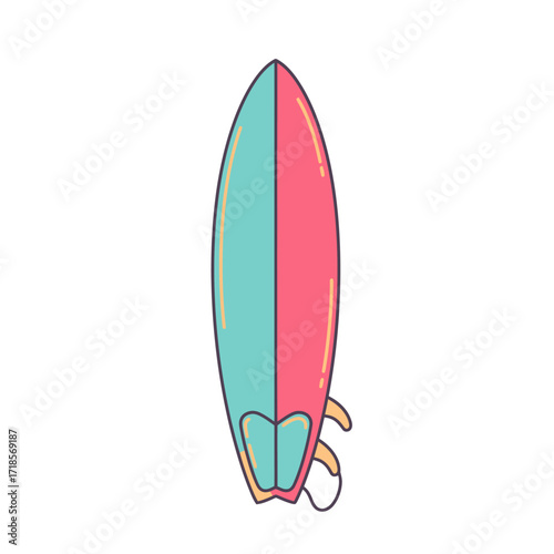 A vibrant, stylized illustration of a surfboard with a split color design, featuring teal and pink halves, ready for ocean waves and water sports.