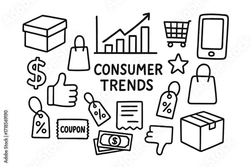 Consumer Trends Doodle. Hand-drawn doodle illustration consumer trends graph, chart, product box, shopping cart, smartphone, dollar sign, bag, price tag, star,