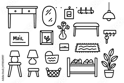 Modern Entryway Doodles. Hand-drawn doodle illustration Modern Entryway Setup entryway table, wall mirror, coat hook, flower vase, bench, pendant light, rug,