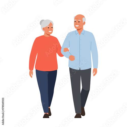 An elderly couple walks arm-in-arm, smiling and enjoying each other's company, set against a plain white background.