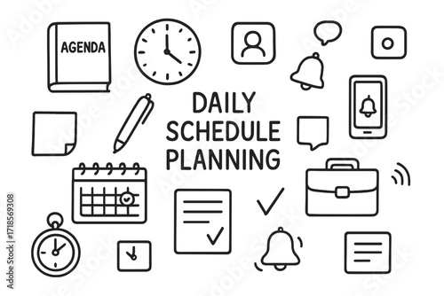 Time Management Doodles. Hand-drawn doodle illustration [Daily schedule planning] [agenda, time block, clock, appointment icon, sticky note, pen, bell,