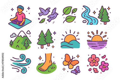 Yoga and Nature Icons. Colorful isometric vector icons set of Yoga and Nature Connection: person doing yoga outside, birds flying, leaves blowing, stream
