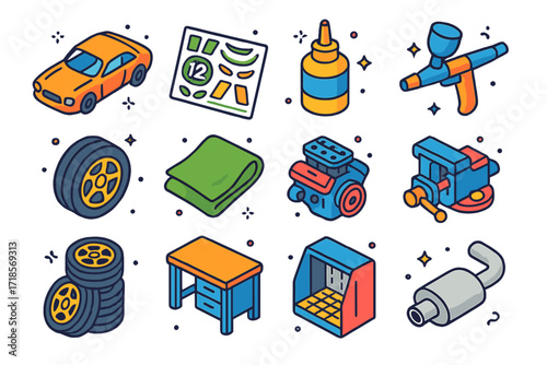 Car Model Icon Set. Colorful isometric vector icons set of car model building: plastic car frame, racing decals sheet, modeling glue, paint airbrush, car wheel