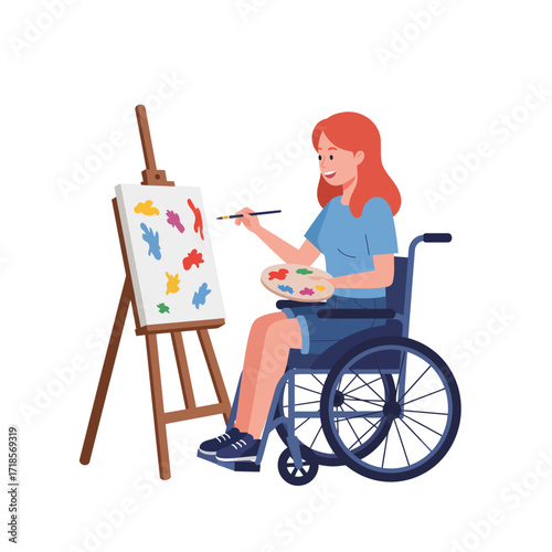 A young woman in a wheelchair painting at an easel.