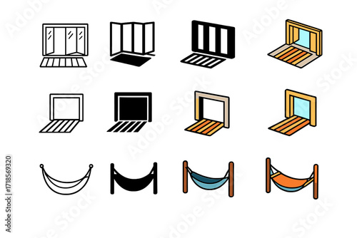 Open-Air Living Icons. Icon Set of Open-air living: folding doors, indoor rug extending outside, hammock. Icons set in vector style, emblematic variations.