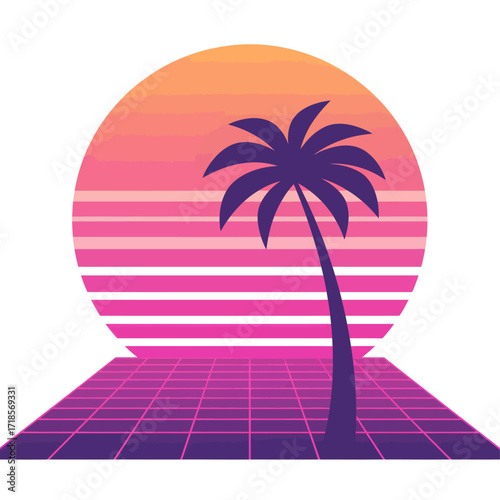 Retro 80s style sunset scene with palm tree on gridded ground.