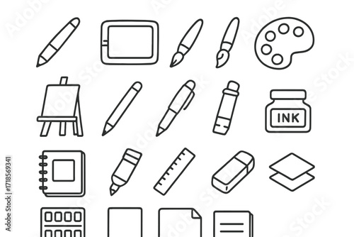Creative Drawing Tools. Hand-drawn doodle illustration [digital brush art] [stylus, tablet, paintbrush, palette, canvas, pencil, pen, ink bottle, sketchbook,