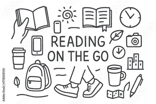 Travel Reading Essentials. Hand-drawn doodle illustration Reading on the go [hand holding book, walking shoes, open pages, bookmark, phone, coffee cup,