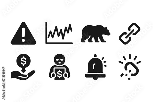 Investment Risk Icons. Solid, filled icon set of investment risks: warning sign, volatility graph, bear market, lost money, fraud, bankruptcy, alarm bell,