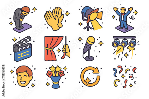 Theater Icon Set. Colorful isometric vector icons set of Stage and spotlight glory: theater bow, standing ovation hands, spotlight beams, final scene pose,