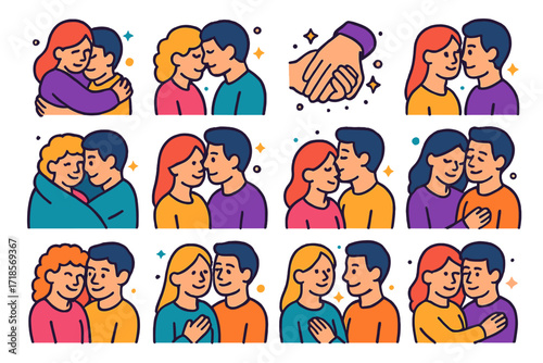 Intimate Moments Icons. Colorful isometric vector icons set of intimate moments with loved ones: warm hug, forehead touch, intertwined hands, close eye