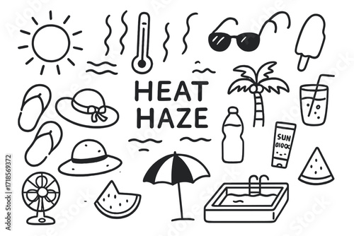 Summer Heat Doodles. Hand-drawn doodle illustration [Heat haze] [sun, thermometer, wavy heat lines, sunglasses, ice cream, fan, flip-flops, sun hat, water