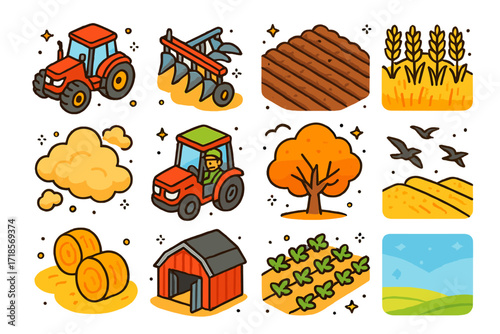 Colorful Harvest Icons. Colorful isometric vector icons set of a tractor plowing a field during harvest season: red tractor, plow attachment, soil furrows,