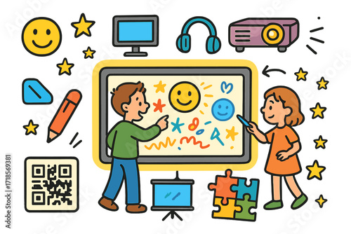 Interactive Children's Art Display. Colorful Hand-drawn doodle Children illustration Interactive Art Display touch screen, colorful icons, digital canvas,