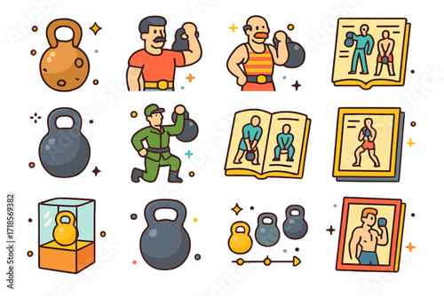 Kettlebell Evolution Icons. Colorful isometric vector icons set of kettlebell history and evolution: ancient kettlebell design, Russian strongman, old circus