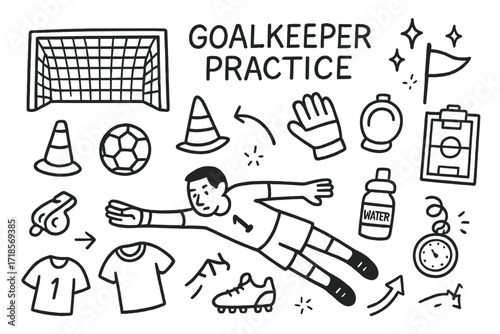 Goalkeeper Practice Doodles. Hand-drawn doodle illustration Goalkeeper Practice [goal net, gloves, soccer ball, player dive pose, cone, whistle, stopwatch,