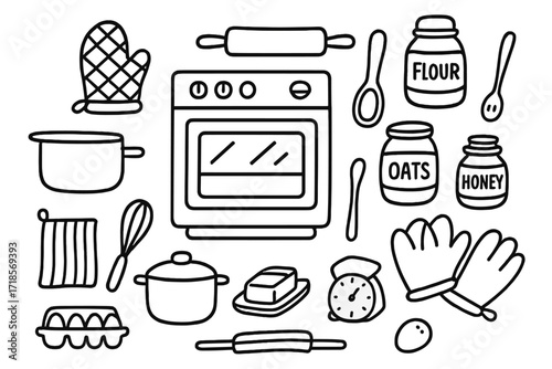 Cozy Baking Essentials. Hand-drawn doodle illustration Cozy kitchen baking oven, mitt, rolling pin, flour jar, oats, honey, spoon, baking tray, tea towel,