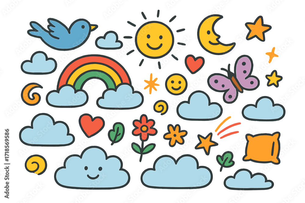 Obraz premium Floating Cloud Doodles. Colorful Hand-drawn doodle Children illustration Floating in the Clouds [clouds, rainbow, star, moon, sun, bird, butterfly, flower,