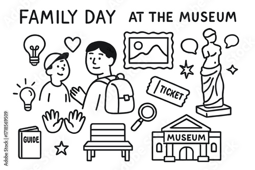 Museum Family Doodle. Hand-drawn doodle illustration [family day at the museum] [child, parent, painting, sculpture, heart, guidebook, backpack, speech bubble,