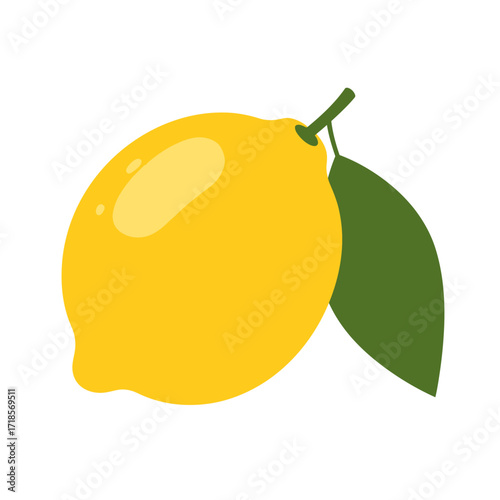 A vibrant yellow lemon with green leaves, a simple fruit illustration.