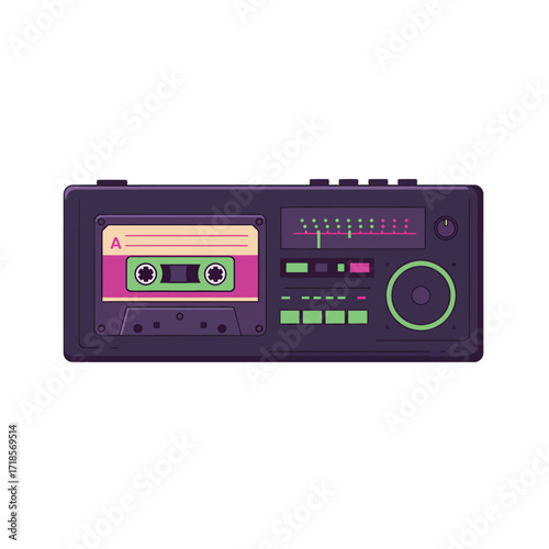 Vintage cassette player with inserted audio tape, showcasing retro design and technology.