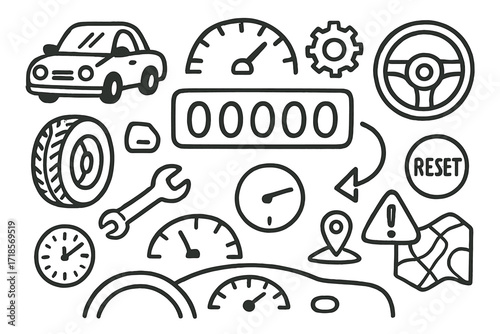 Odometer Reset Doodle. Hand-drawn doodle illustration [Odometer reset concept] [car, dashboard, odometer, speedometer, button, arrow, tire, steering wheel,