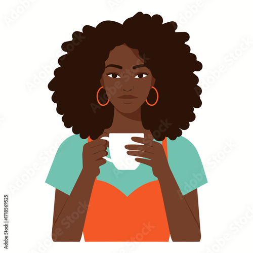 A stylish Black woman with a large afro hairstyle and hoop earrings holding a white mug.