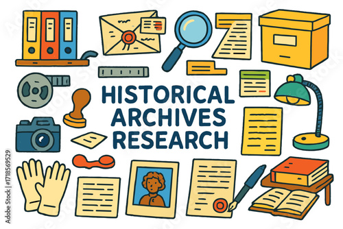 Colorful Historical Doodle. Colorful Hand-drawn doodle Children illustration [Historical archives research] [file folders, microfilm reel, old letters,