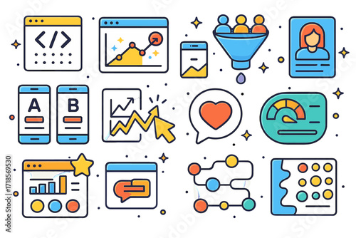 Colorful Marketing Icons. Colorful isometric vector icons set of Marketing analytics: conversion tracking pixel, campaign performance chart, user funnel