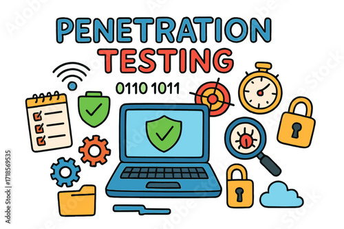 Cybersecurity Doodle Illustration. Penetration Testing. Colorful Hand-drawn doodle Children illustration laptop, checklist, bug, magnifying glass, gears, lock,