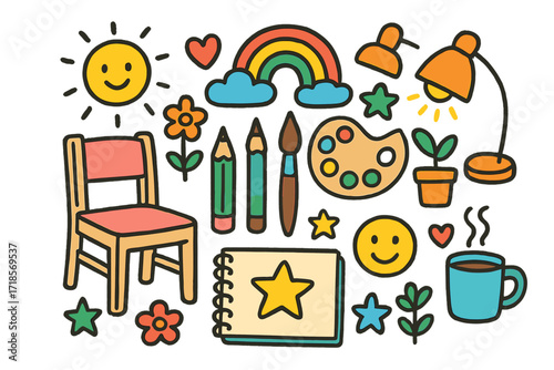 Cozy Artist's Corner. Colorful Hand-drawn doodle Children illustration Cozy Artist Corner [sketchbook, pencil, brush, palette, chair, lamp, rainbow, star,