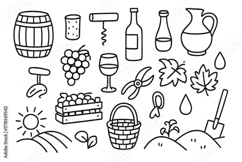 Winery Tools Doodle. Hand-drawn doodle illustration Winery tools barrel, cork, corkscrew, wine glass, wine bottle, jug, grape cluster, crate, scissors, basket,