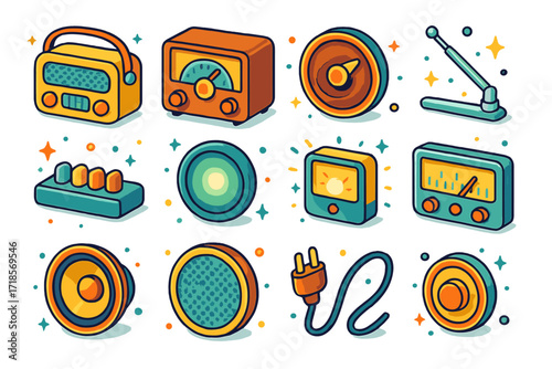 Retro Radio Icons. Colorful isometric vector icons set of retro radio collection: 1950s radio, wood cabinet radio, bakelite dial, chrome antenna, art deco
